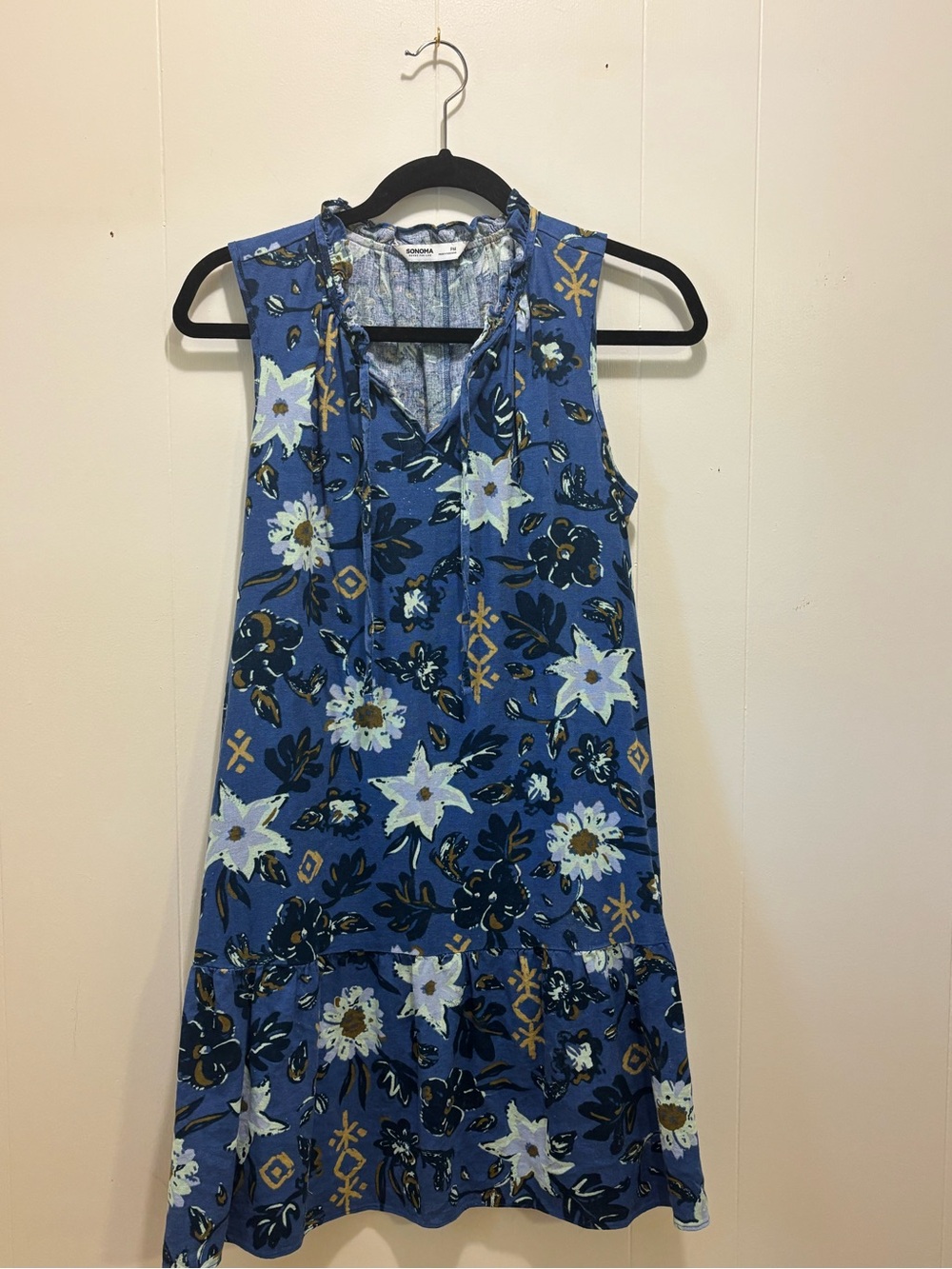 Sonoma Blue Floral Linen Blend Tiered Mini Dress Petite Medium PM - Picture 2 of 9